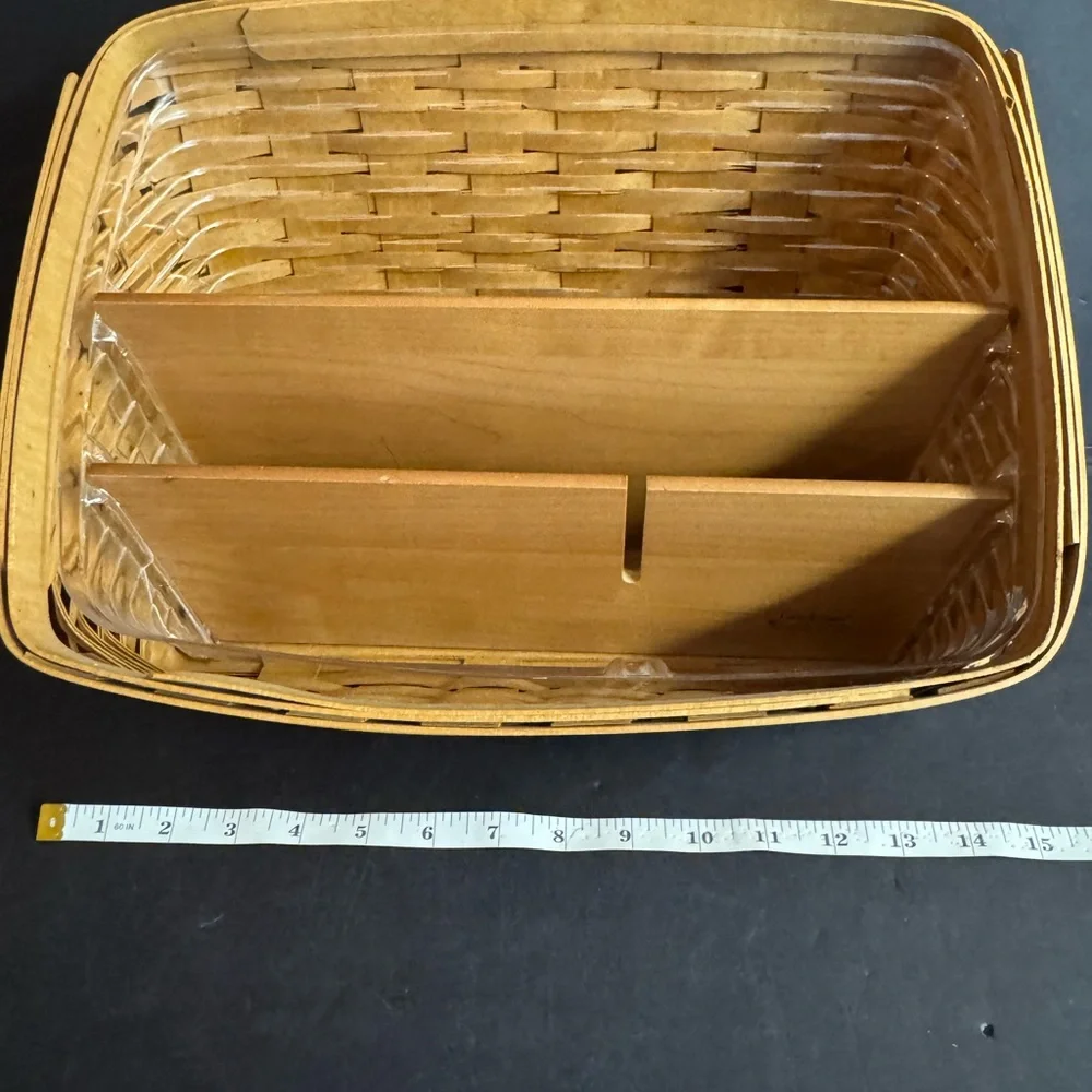 Vtg Signed Longaberger desk organizer with plastic insert and 2 dividers.